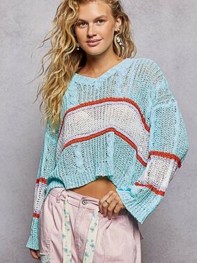 POL Light Blue Open-Knit V-Neck Sweater with Cream and Orange Stripes